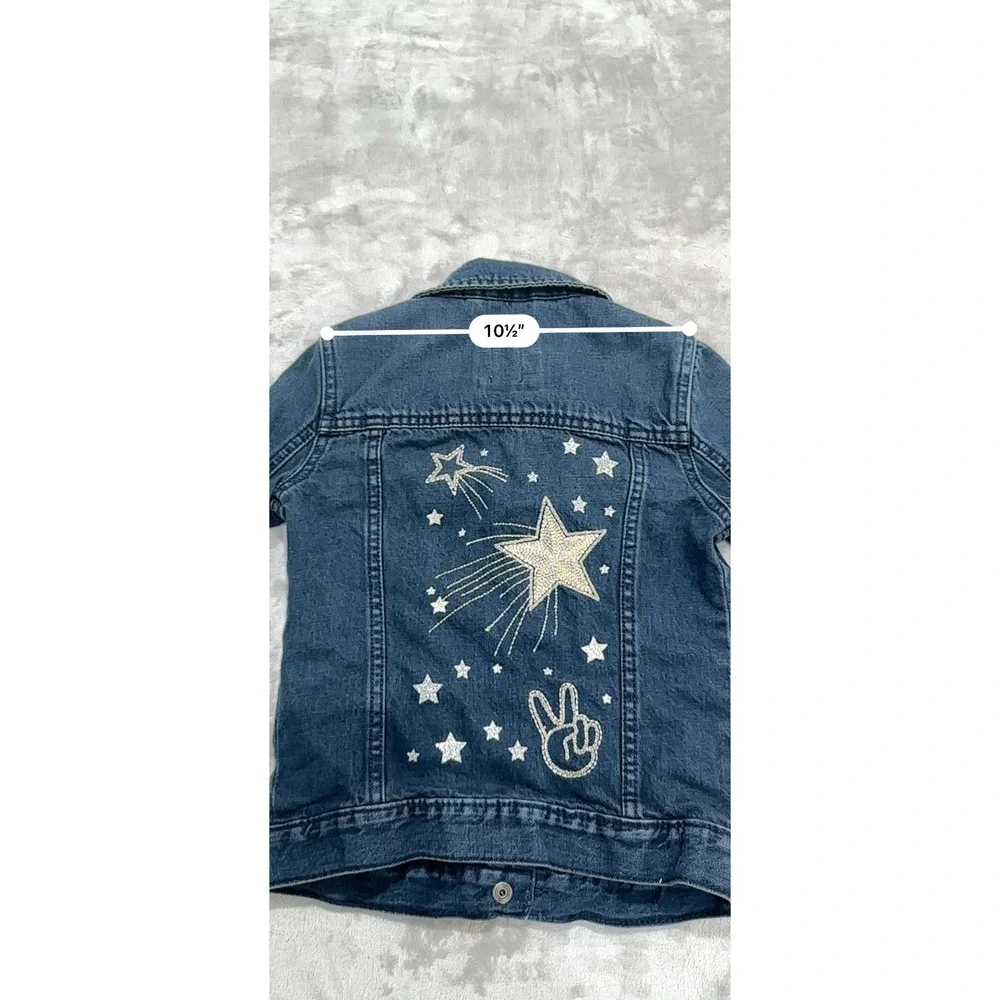 Gap Denim Jacket Girls Size XS Blue Jean Buttons Artsy Cat Meow‎ Long Sleeve EUC